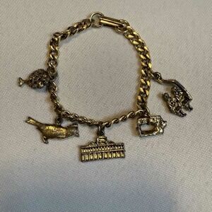 Genie Lamp Bird Mansion Sewing Machine Lion Gold Tone Charm Bracelet Vintage